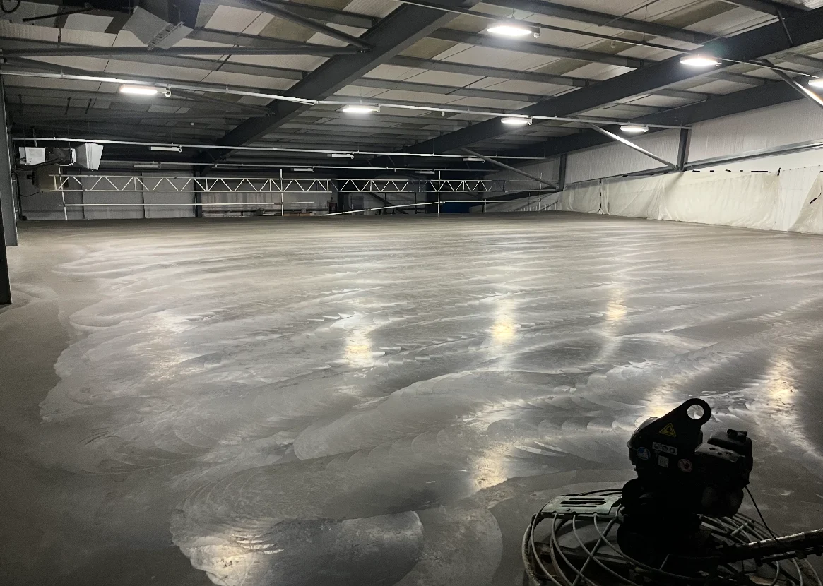 Large industrial warehouse floor with power float finish